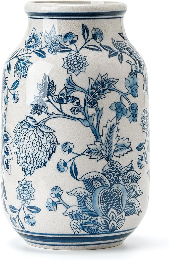 SIDUCAL Blue and White Vintage Vase, 9.4 Inch Ceramic Chinoiserie Floral Vase, Retro Ice Cracked Blue and White Porcelain for Home Decor Centerpieces, Living Room, Bookshelf, Office