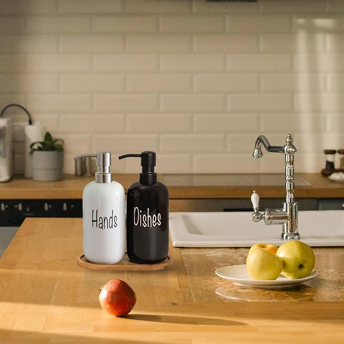 18oz Ceramic Soap Dispenser Set (2 Pack) with Stainless Steel Pump & Bamboo Tray, Bathroom & Kitchen (Black & White)