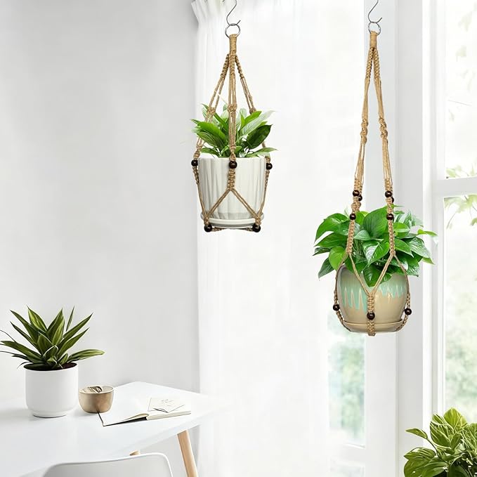 3 Pcs Macrame Plant Hangers,Indoor Different Size Hanging Planter Basket Flower Pot Holder with Beads,No Tassels Hanging Planter Basket with Wood Beads for Indoor Outdoor Home Decor