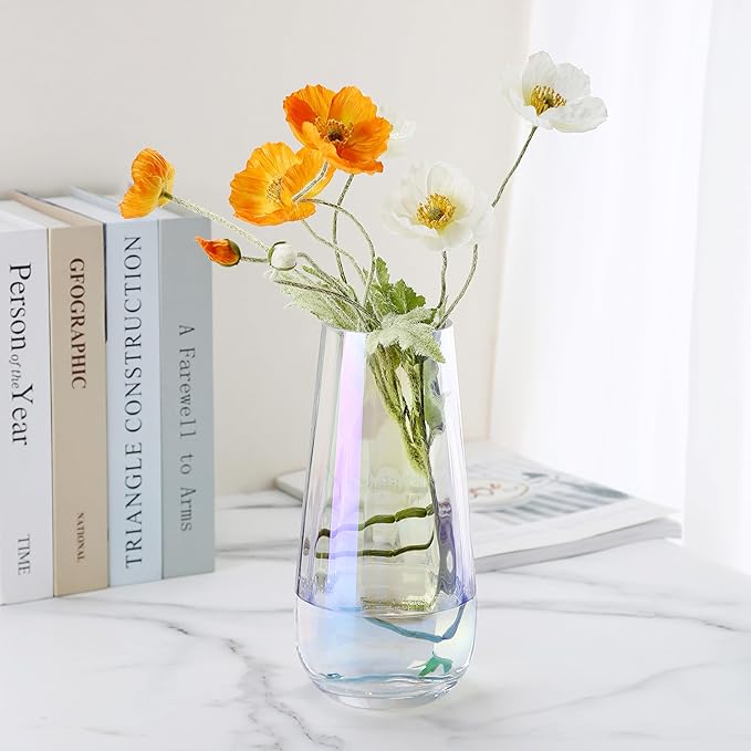 Irised Crystal Glass Vase Modern Flower vases for Bouquet,H-9.8" Tear Drop Design for Home Floor Decor,Farmhouse Decor, Centerpiece Office Table Decorations(Irised)