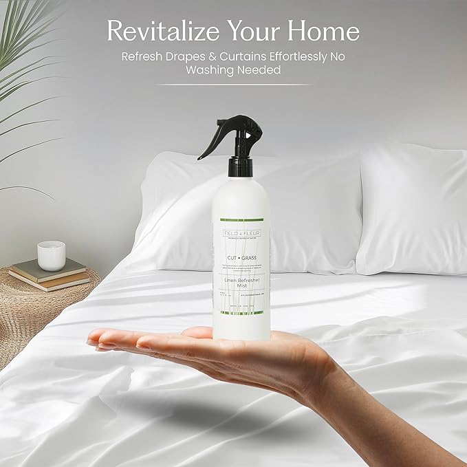 FIELD FLEUR Cut Grass Linen & Room Spray 15.5 oz - Aromatic & Refreshing Bedding & Fabric Mist - Air Freshener for Clothes & Sofas - Notes of Clover, Green Grass, Wisteria & Jasmine - Made in USA
