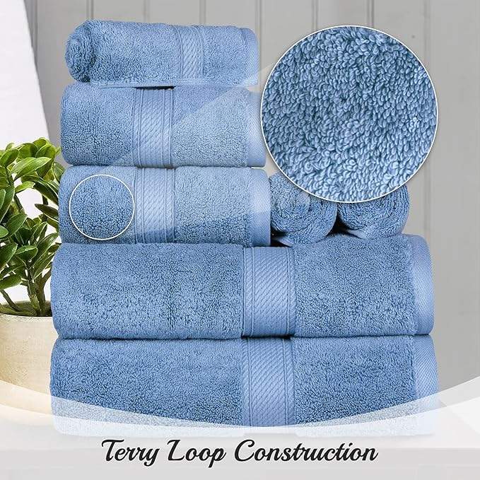 BLUENILEMILLS Madison Egyptian Cotton Towels, Towel Set for Bathroom, Shower, Hotel, Plush, 900 GSM, Highly Absorbent and Ultra-Soft Towels, Bath Essentials, 8 Piece Assorted Towel Set, Denim Blue
