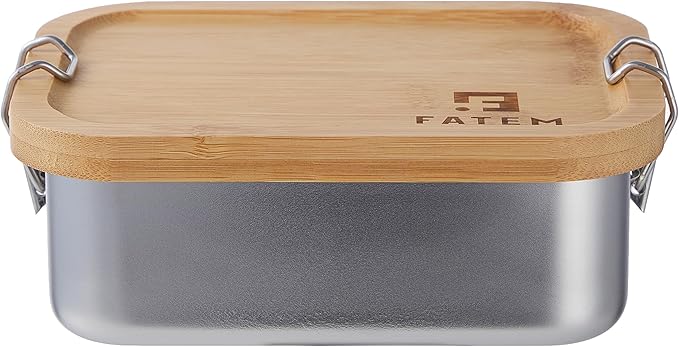FATEM Bento box in 304 stainless steel. Metal Lunch Boxes with Eco-Friendly Bamboo Lid, Anti-Leak Locking Clips and a Removable Divider.