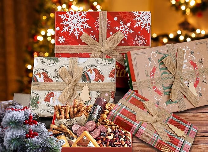 Christmas Gift Boxes with Lids for Presents Large Set of 4 Gift Boxes Bulk Red Brown in Assorted Designs with Bows Decor Wrapping Robe Boxes Xmas Gift Boxes for Christmas Birthdays Wedding Wrap Gifts