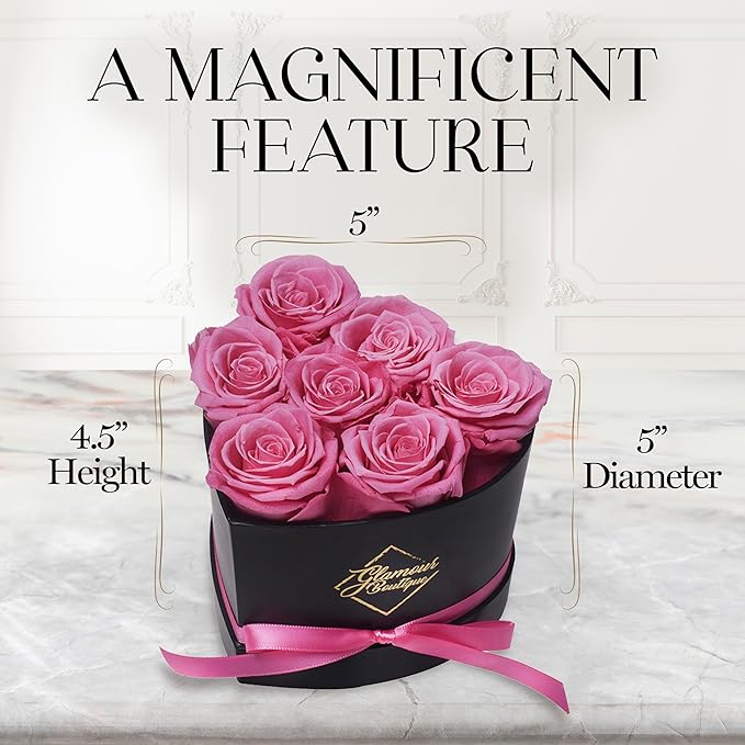 GLAMOUR BOUTIQUE 7 Flower Forever Heart Shape Box - Preserved Roses Gift for Her, Preserved Flowers, Pink
