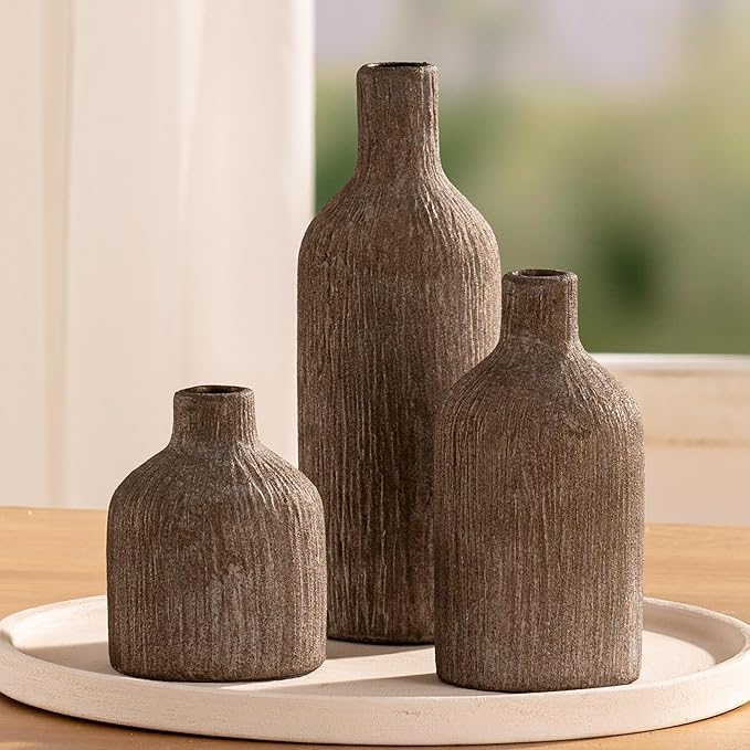 Ceramic Vase Home Table Decor - Brown Flower Vase Set of 3 Living Room Kitchen Decorations Farmhouse Modern Rustic Vases Decorative Centerpiece for Shelf Bedroom Office Bathroom Dining Coffee Desk