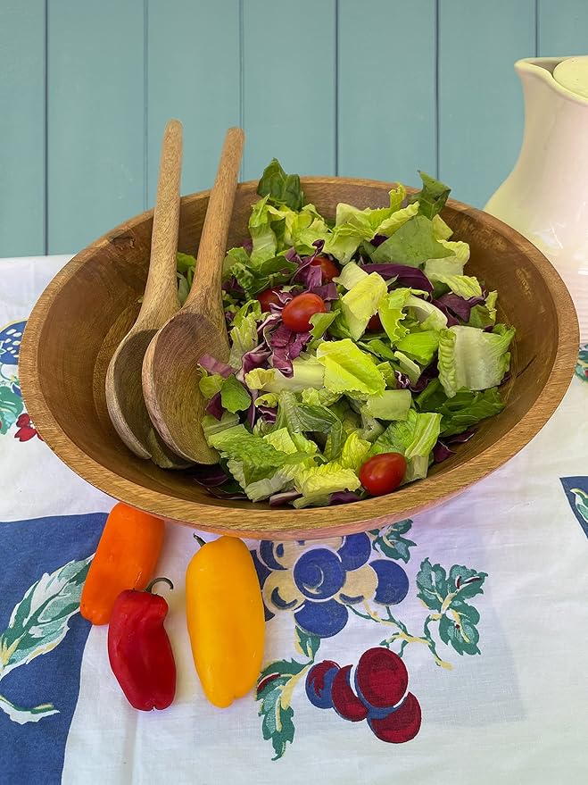 Extra Large Wooden Salad Bowl 15" with Serving Utensils | Oversized Mango Wood Salad Bowl for Big Family Meals | Large Wood Serving Bowl for Salad, Pasta, Popcorn | Handcrafted Wooden Salad Set