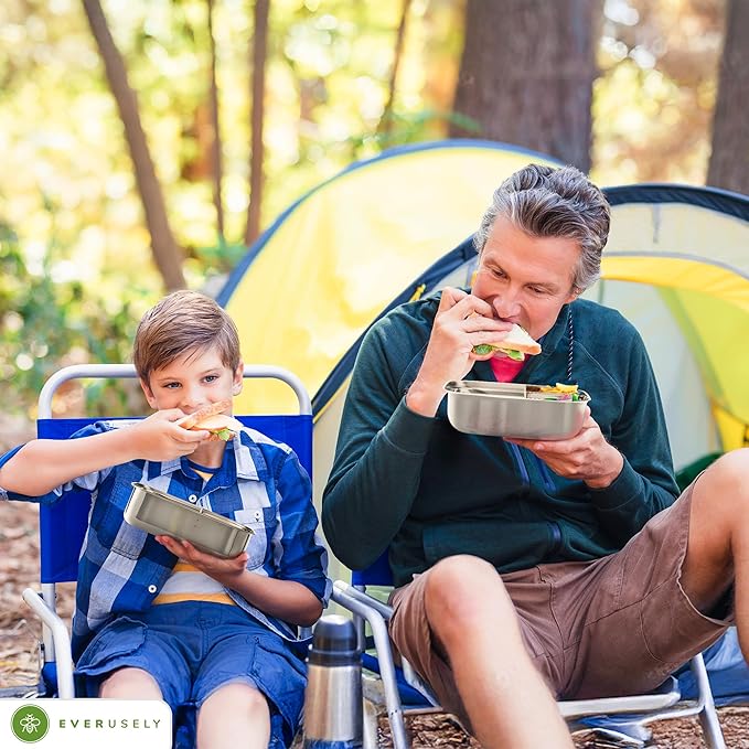 Everusely - Bento Box - Lavender, 60oz / 1.8 L - Stainless Steel Lunch Box with Leakproof Condiment Container - 3 Compartment Snack Organizer for On the Go Meals - Freezer & Dishwasher Safe