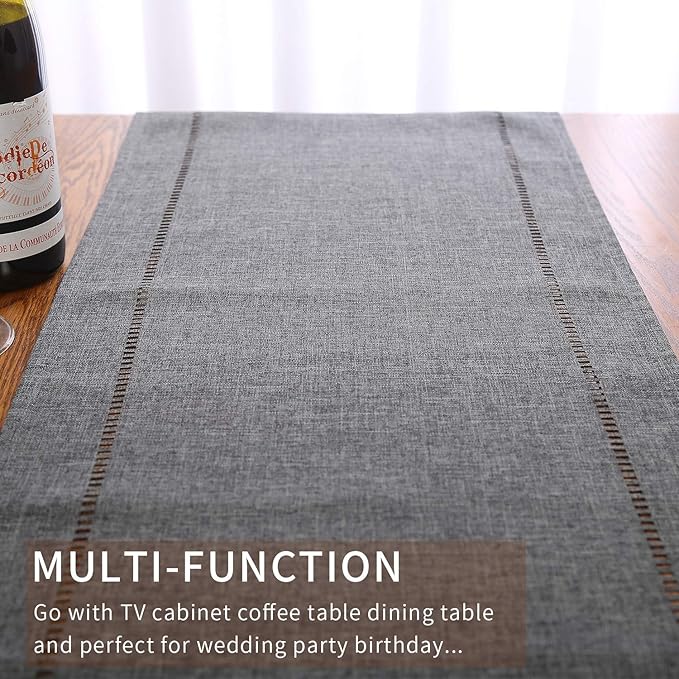 Tosewever Decorative Linen Table Runner Farmhouse Style Tabletop Collection 14 x 108 Inches Table Runners for Everyday Dining Wedding Party Holiday Home Decor (14" x 108", Grey/Straight)