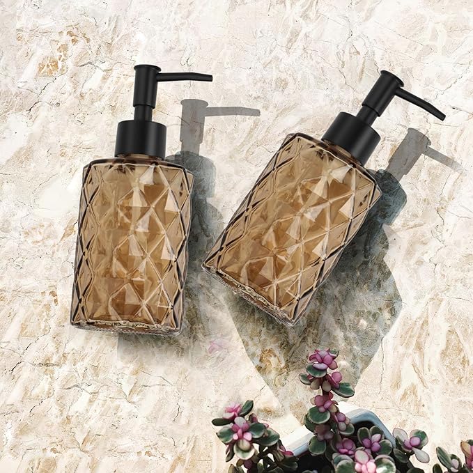 Dark Brown Glass Soap Dispenser with Pump, 12oz Diamond Design Hand Soap Dispenser, Refillable Lotion Dispenser & Dish Dispenser, Bathroom Dispenser for Dishwashing Liquid, Shower Gel
