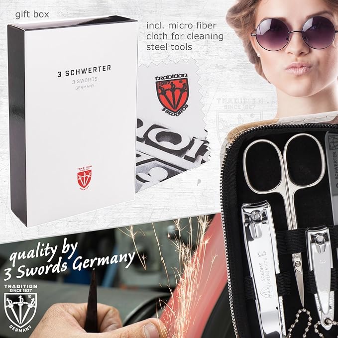 3 Swords Germany - brand quality 8 piece manicure pedicure grooming kit set synthetic leather case camouflage - Made in Germany
