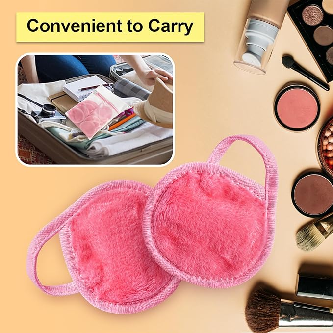 Nugilla 18 Packs Reusable Makeup Remover Pads with a Washable Laundry Bag, Resuable Microfiber Round Towel Skin Face Towels, Soft Makeup Remover Cloth, Fast Drying Washcloth (Pink)