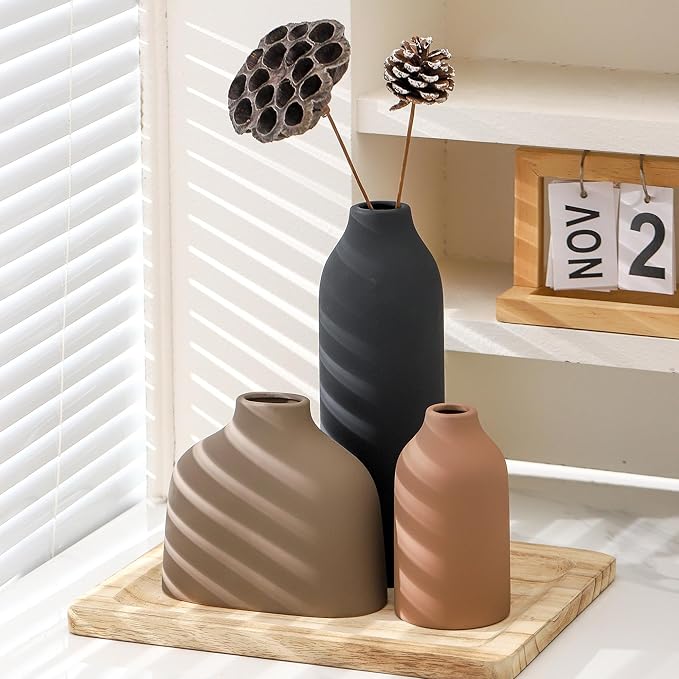 Ceramic Vase Set of 3,Flower Vase Home Decor,Modern Farmhouse Decor, Pampas Grass Dried Fresh Flowers,Bedroom,Living Room,Bookshelf Decoration, Centerpiece Table Decor,Boho Decor.