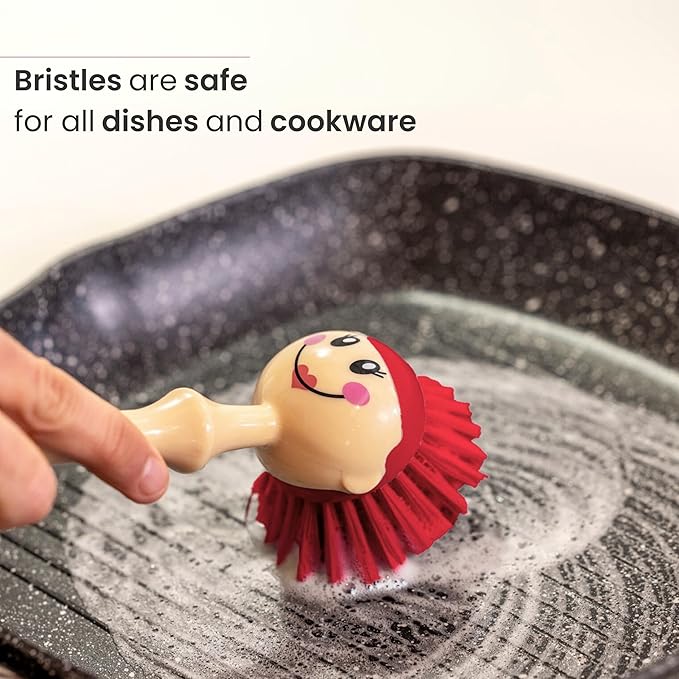 Vigar Dolls Dish Brush with Ergonomic Handle and Dres-shaped Storage Holder - Scrub Brush for Pans, Pots, Kitchen Sink Cleaning, Blue/Pink