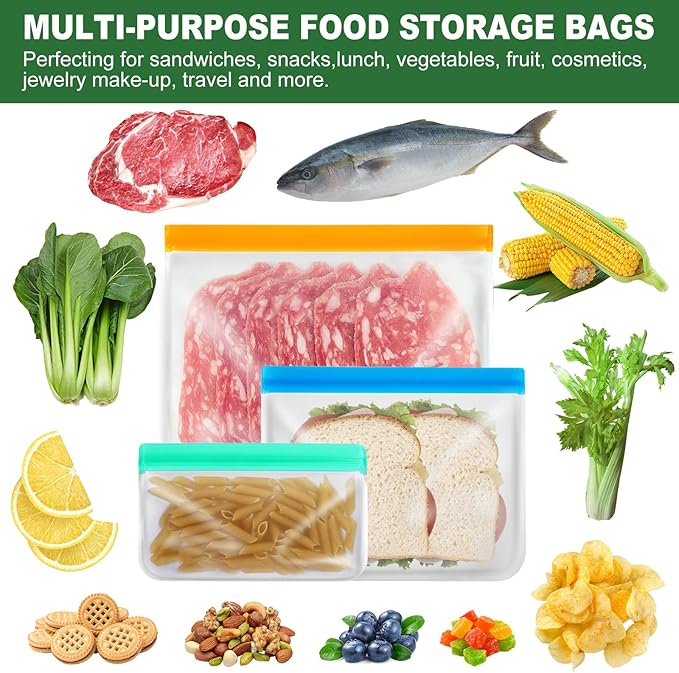 10 Pack Reusable Food Storage Silicone Bags, 3 Large Food Storage Bags Gallon Freezer Bags 4 Reusable Sandwich Bags 3 Snack Bags, Lunch Home Kitchen Fridge Organization Meal Prep Containers