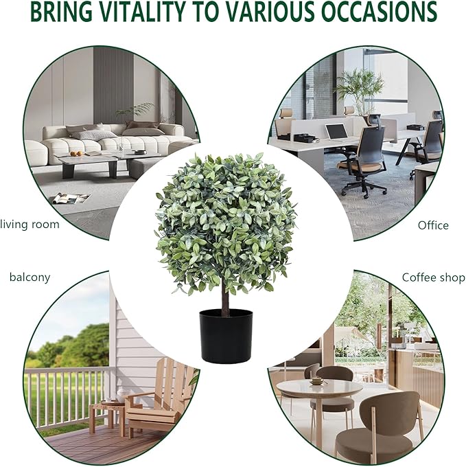 Topiary Trees Artificial Outdoor for Front Porch Set of 2 Faux Shrub Plants (23" T,13" D) - Fake Boxwood Ball Shrubs Potted for Home Decor (2 Color-Mix)