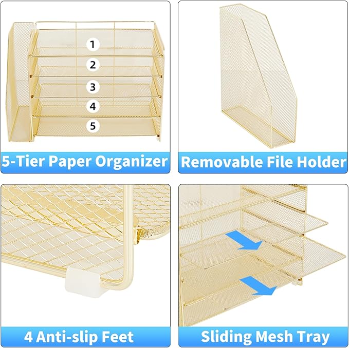 OPNICE 5-Tier Paper Organizer with Magazine Holder, Desk Organizers and Accessories, Office Desk Accessories & Workspace Organizers, Desktop File Organizer for Office Supplies Storage, Gold