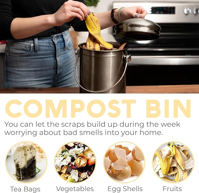 EPICA Countertop Compost Bin Kitchen | 1.3 Gallon | Odorless Composting Bin with Carbon Filters | Indoor Compost Bin with Lid | Stainless Steel Kitchen Composter for Food Scraps & Waste Recycling