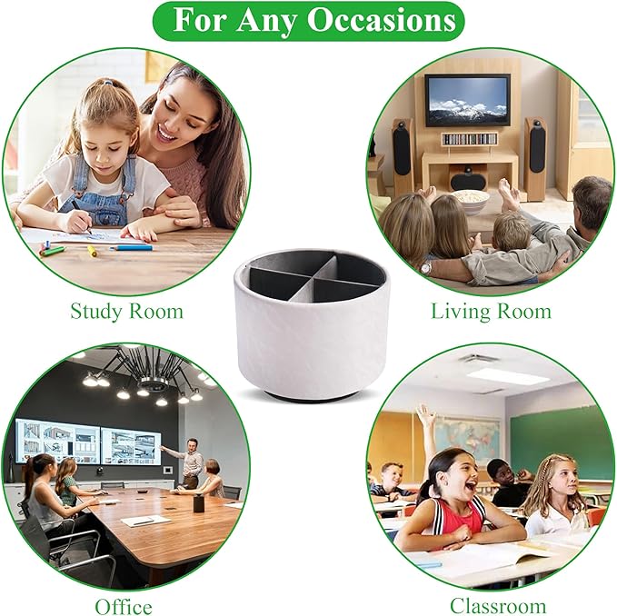 Hennaja Round Leather Art Supply Organizer,Remote Control Holder,360 Degree Spinning,Multi-Functional Pencil Holder,4 Compartments Desktop Stationary Organizer(1-Hill White)