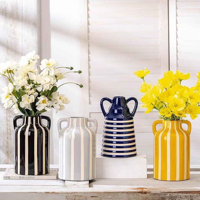Black and White Vase with Handles, Ceramic Modern Flower Decorative Vases for Home Decor, Mantle, Rustic Table Centerpiece, Large Vases for Decor Living Room, Black Stripes Vase for Bouquet 9.1 in