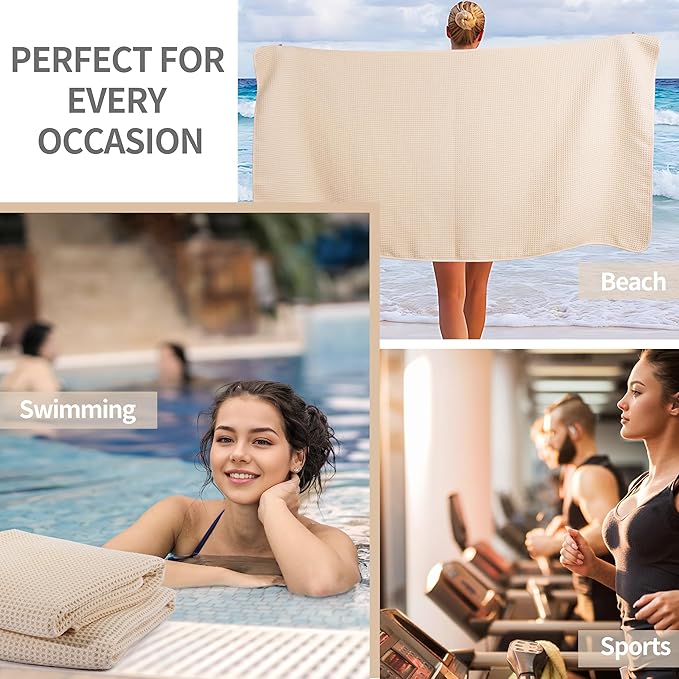 New Microfiber Waffle Bath Towels, 2 Pieces, Oversized, Soft, Absorbent, Fast Drying, Lint Free (Champagne)