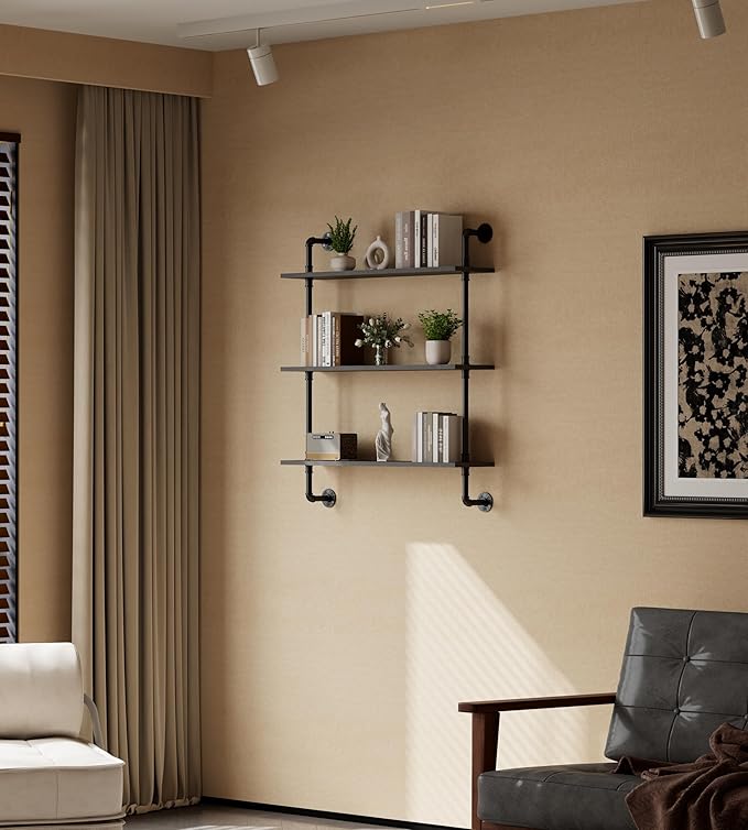 3-Tier Industrial Pipe Floating Shelf – Rustic 30 inch Wood Wall-Mounted Storage Shelf for Kitchen Office,Bathroom & Home Decor -Black