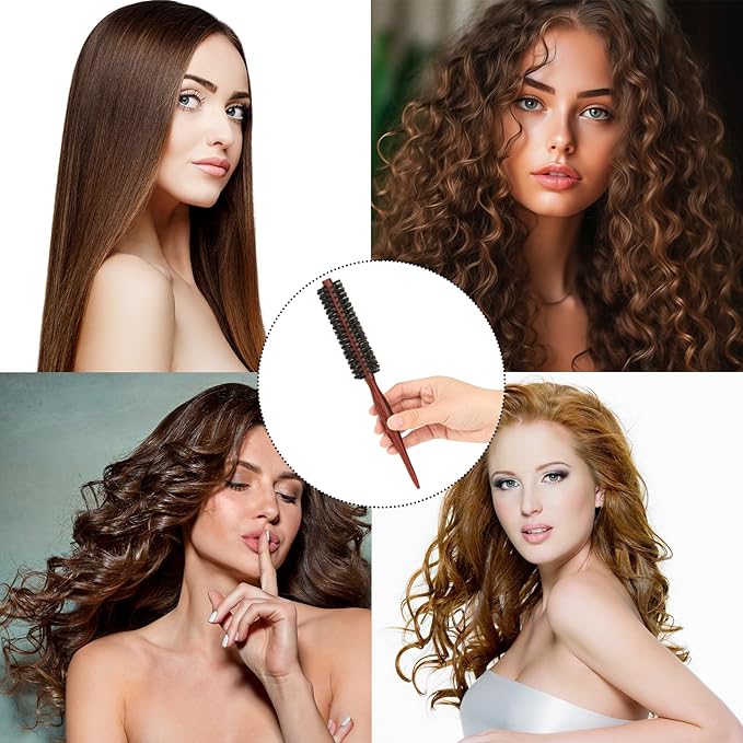 Small Boar Bristle Round Brush for Blow Drying, Styling - Wooden Handle, Soft Natural Bristles for Short/Thin Hair, Women and Men's Beard