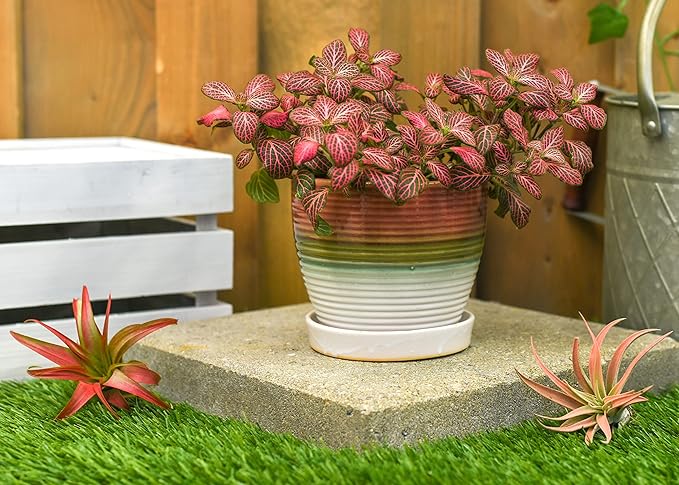 Napco Ribbed Gradient Red, Brown, and Green 4 Inch Ceramic Flower Pot Planter with Saucer
