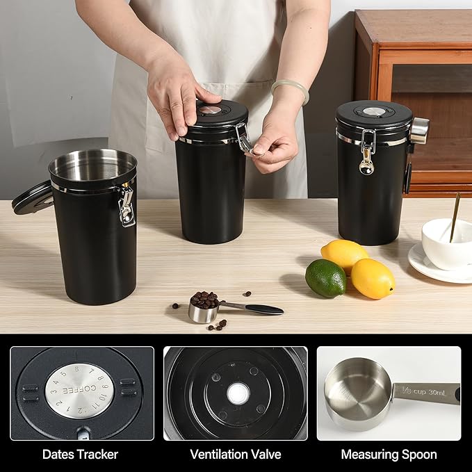 Coffee Canister Set of 3, Airtight Coffee Container with Date Tracker Lid, Stainless Steel Canister for Kitchen Food Storage (Black, 180oz)