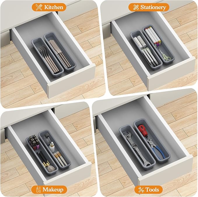 2 Pack Silicone Silverware Organizer, DIY Free Combination Utensil Drawer Organizer, Silverware Drawer Organizer, Flatware Cutlery Tray for Spoons Forks. Anti-slip and Environmentally Design (Grey)