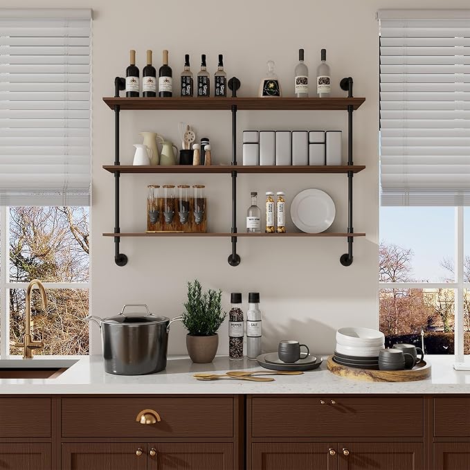 3-Tier Industrial Pipe Floating Shelf – Rustic 48 inch Wood Wall-Mounted Storage Shelf for Kitchen Office,Bathroom & Home Decor -Walnut