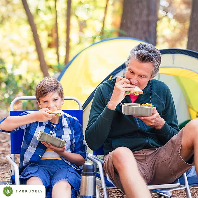Everusely - Bento Box - Green, 37oz / 1.1 L - Stainless Steel Lunch Box with Leakproof Condiment Container - 3 Compartment Snack Organizer for On the Go Meals - Freezer & Dishwasher Safe