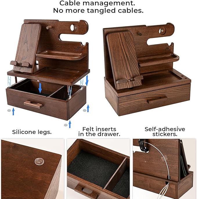 TESLYAR Wood Phone Docking Station with Drawer - Nightstand Organizer - Desk Organizer for Husband - Birthday Gifts for Men, Dad, Anniversary Idea, Key Holder Stand Watch & Accessories (Bourbon Brown)
