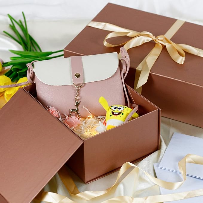 MOYEUPAC Gift Box,9" X 7" X 4" with Lids for Presents Magnetic Closure Gift Packaging Magneti for Halloween, Birthday, Christmas Gift Box Rose Gold with Ribbon