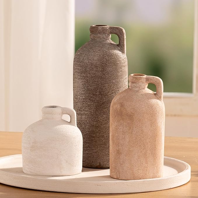 Ceramic Vase Home Table Decor - Flower Vase Set of 3 Living Room Kitchen Decorations Farmhouse Modern Rustic Vases Decorative Centerpiece for Shelf Bedroom Office Bathroom Dining Coffee Desk