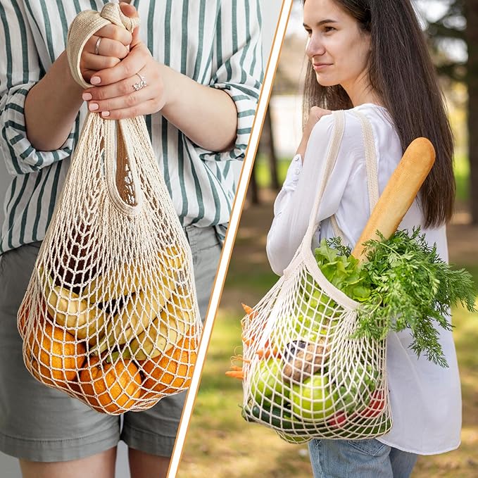 2 PCS Cotton Mesh Grocery Bags, Reusable Mesh Produce Bags, Long Handle Net String Shopping Tote Bag for Fruit Veggie Food Storage