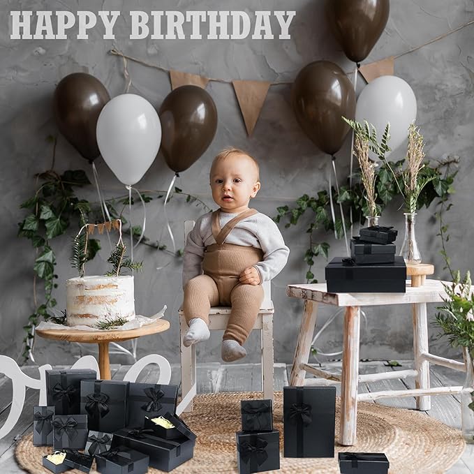 Tenceur 10 Pcs Gift Boxes with Lids Heavy Duty Nested Assorted Sizes Cardboard Gift Boxes for Presents with Ribbon for Xmas Holiday Present(Black,5 Size)