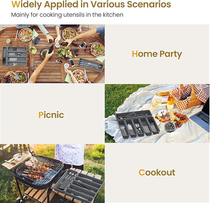 6 Pack Silicone Drawer Organizer for Kitchen, DIY Free Combination Silverware Organizer, Utensil Drawer Organizer, Moisture-proof and Heat-resistant up to 200°C, Anti-slip and Environmentally (Grey)