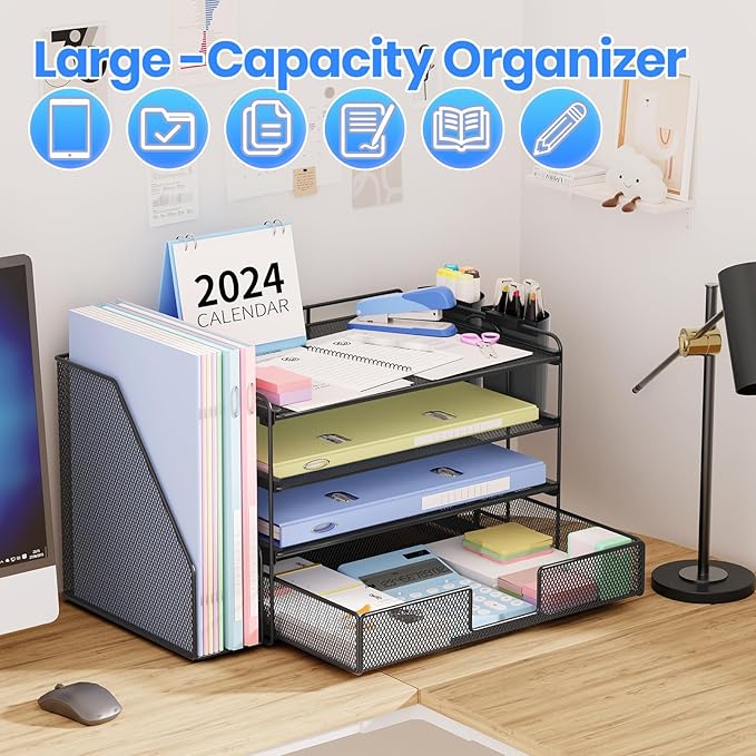 OPNICE Desk Organizer and Accessories, 4-Tier Desktop File Organizer with Drawer and 2 Pen Holders, Office Desk Accessories, File Sorters, Workspace Organizers for Office Supplies(Black)