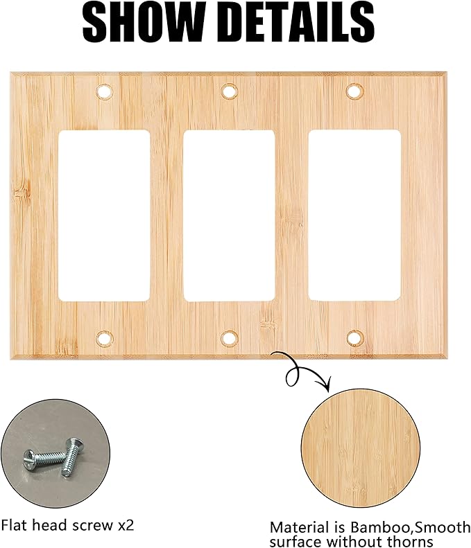 Raw Wood Light Switch Cover Decorative Triple Rocker Wall Plate 6.5" x 4.6" Bamboo Quality Light Switch Plate Cover for Bedroom Kitchen Home Decor (Triple Rocker)