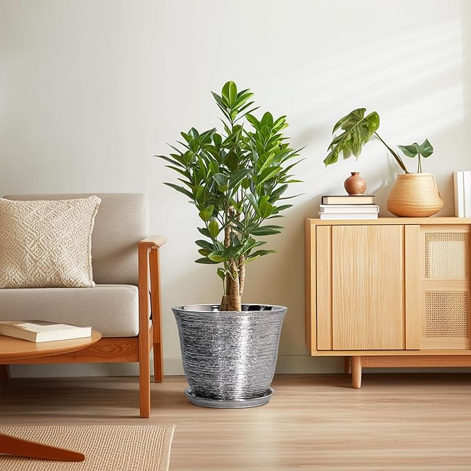 Ceramic Planter - 12 Inch Pots for Plants Indoor Outdoor, Round Planter with Drainage Hole and Saucer, Modern Decorative Planters, Large Plant Pot, House Patio Decor, Garden Gifts, Silver