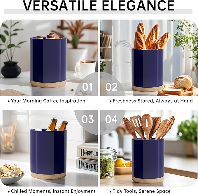 Ceramic Kitchen Utensil Holder for Countertop, Modern Crock with Non-Slip Cork Base, Counter Organizer for Cooking Tools , Blue