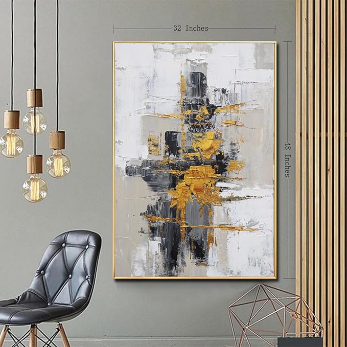 Hand-Painted Abstract Living Room Wall Art,Framed Large Black and White Canvas Oil Painting for bedroom,3D Gold Thick Textrued Abstract Wall Decor for Office Home Decoration 32x48 inches