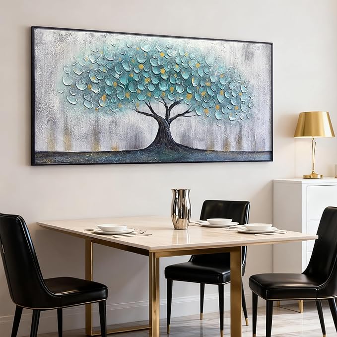 Teal Blue Tree of Life Canvas Wall Art for Living Room, Hand Painted Modern Abstract Textured Painting, Large Framed Panoramic Landscape wall art for Living Room, Bedroom, Office, Home Decor 60"x30"