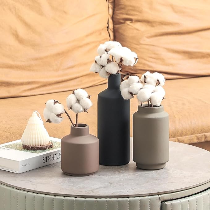 Ceramic Vase Set of 3, Modern Decorative Vases for Home Decor, Small Flower Pottery Vase Sets, Boho Farmhouse Rustic Vases for Living Room, Kitchen, Bedroom, Bathroom, Shelf, Table