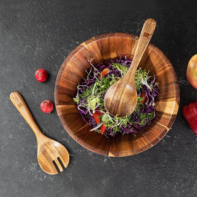 Wooden Salad Bowl, 12'' Acacia Wood Large Salad Bowl Set Big Salad Serving Bowl with Serving Utensils