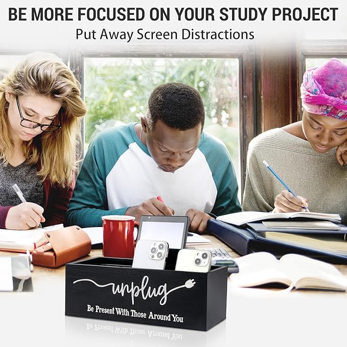 Bamboo Wood Phone Box – Unplug from Phones, Tablets, and Electronics for Study, Meetings, and Family Time, Phone Holder Organizer with Charging Holes, Farmhouse Style, Holds Up to 18 Phones-Black