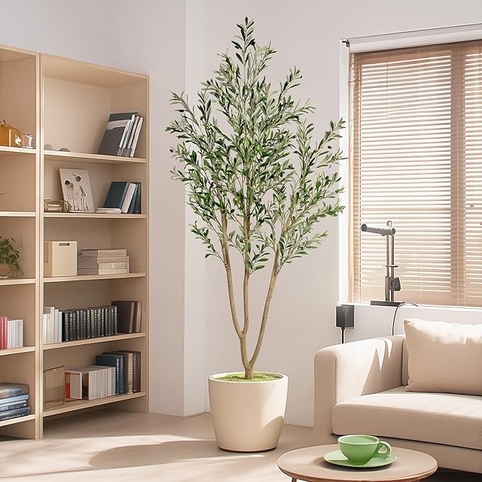 7FT Artificial Olive Tree, Indoor Faux Olive Tree Fake Potted Silk Olive Tree Plants with Lifelike Branches & Fruits for Home Office Decor