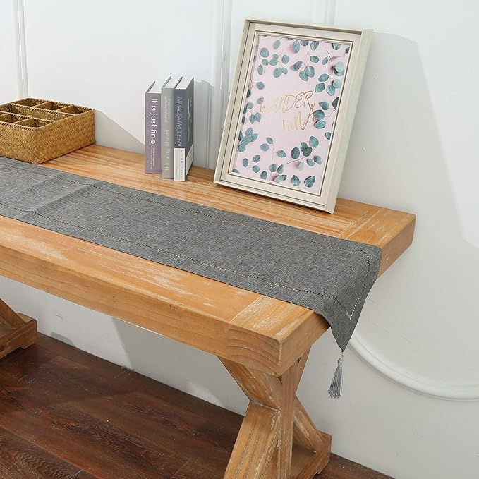 Tosewever Decorative Linen Table Runner with Tassels Tabletop Collection 14 x 72 Inches Table Runners for Everyday Dining Wedding Party Holiday Home Decor (14" x 72", Grey)