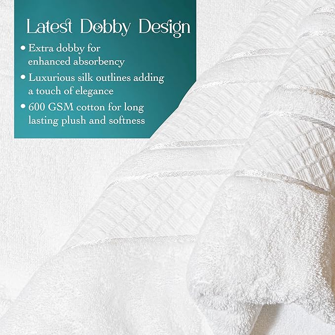Premium Towel Set: Super absorbent, quick-drying, soft, plush. Features hanging loop, fade-resistant, eco & skin-friendly dyes. Luxury dobby design for bath or spa. (white, Bath Towel Set of 4)
